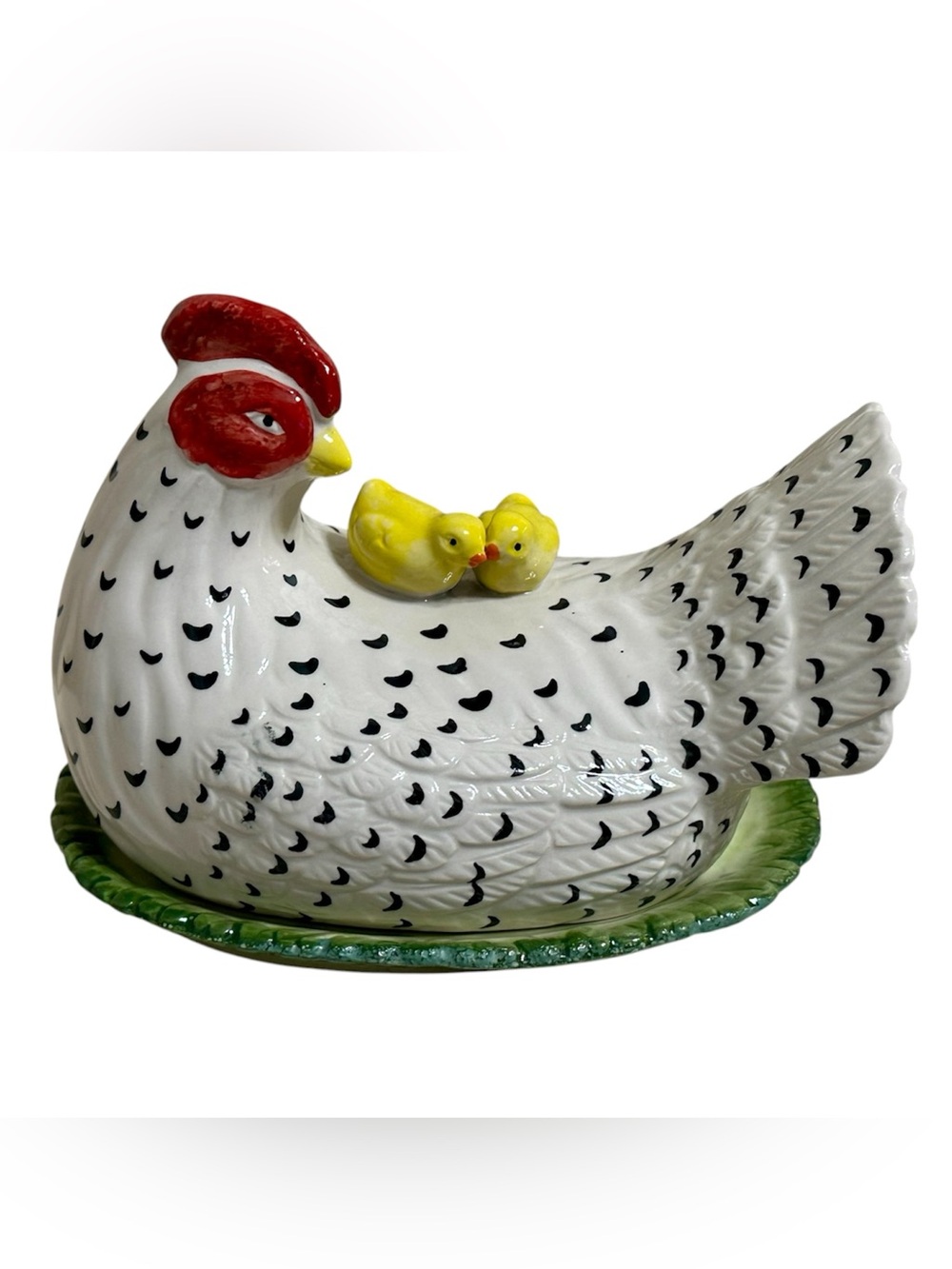 Creative Co-Op Stoneware Hen Shaped Butter Dish w/ Chicks Vintage Reproduction